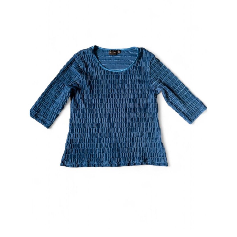 Tribal Teal Blue Textured Accordion Pleat 3/4 Sleeve Top sz L Jewel Tone